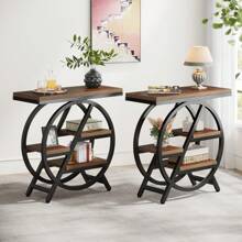 Mesa auxiliar para sala de estar, mesa auxiliar estrecha de 3 niveles con almacenamiento, mesa auxiliar de sofá de madera con marco de metal geométrico, mesita de noche industrial y mesita de noche para dormitorio - Marrón - Ver 7