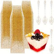 200/150/100/25/10 Pack Gold Glitter Square Dessert Cups, Mini Plastic Parfait Appetizer Cups With Spoons,Shooter Serving Cups For Wedding Party Events, Appetizers, Tasting Party, Snacks, Parfait (2 Oz)