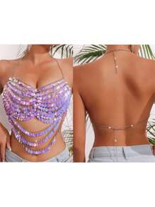 Women's Chain Halter Tank Tops Sleeveless Sparly Shell Shape Sequin Cami Lingerie - Màu tím - Xem 2