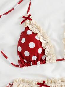 PEPPERMOLLY 全新柔软波尔卡圆点蕾丝荷叶边蝴蝶结装饰吊带性感派对比基尼套装，女士优雅夏季海滩时尚泳装
