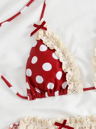 PEPPERMOLLY 全新柔软波尔卡圆点蕾丝荷叶边蝴蝶结装饰吊带性感派对比基尼套装，女士优雅夏季海滩时尚泳装