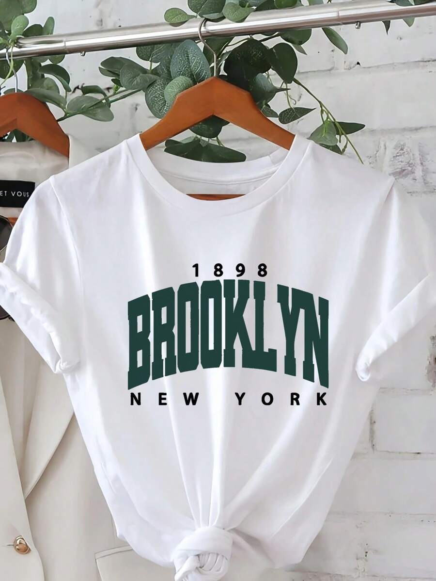 1898 BROOKLYN MEW YORK  Cartoon Letter Graphic Print T Shirt, Short Sleeve Crew Neck Casual Top For Summer & Spring, Women's T-Shirt