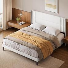 Queen Bed Frame With Wingback Headboard, Upholstered Platform Bed, Wooden Slats, Noise-Free, No Box Spring Needed, Easy Assembly - White - View 1