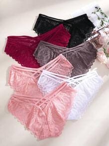 FINETOO 6pcs Women Solid Color Lace Patchwork Criss-Cross Sheer Hollow Sexy Thong Panty Set