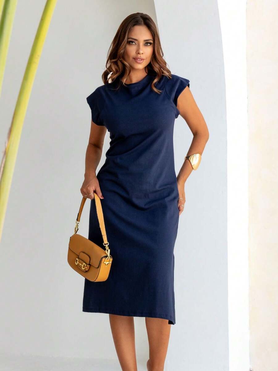 WOMEN'S MIDI DRESS 100% PREMIUM COTTON COMFORTABLE - Navy Blue - View 1