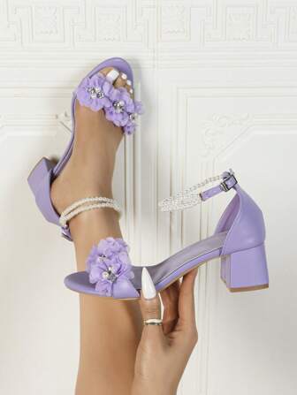 Women's High Heel Sandals With Pearl Strap, Round Toe Flower Decor, Wedding Party Shoes