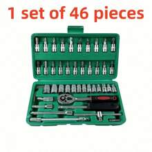 46 piezas Juego de herramientas de reparación automotriz multifuncional, incluye juego de llaves de trinquete, zócalos, 1/4" de accionamiento, barras de extensión de acero al cromo vanadio, para mantenimiento de automóviles y uso doméstico - Estructura enchapada en acero