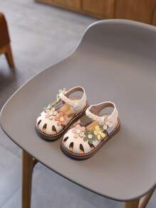 1 Pair Girls Floral PU Hook & Loop Design Children Toddler Sandals, Soft Bottom Princess Walking Shoes, Cute Baby Summer Sandals, Suitable For Spring/Summer/Autumn/Winter