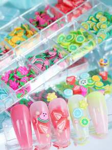 12 件软粘土碎片盒，心形、水果和花朵指甲装饰，凝胶指甲薄贴纸，水晶泥填充物指甲用品指甲饰物指甲宝石 - 彩色 - 查看 2