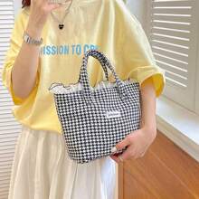 Thousand Bird Grid Contrasting Lace Ruffle Edge Tote Bag, Versatile And Fashionable Small Handbag, Commuting Walk Bag, Hand-Held Bento Bag - Black and White - View 2