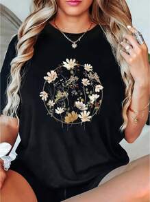 Women's Floral Print Casual Crew Neck T-Shirt - Short Sleeve, Stretchy Cotton, Black With Golden & White Circular Flower Design, Comfortable Summer Top For Casual Attire, Ladies T Shirts - Printing T Shirts
