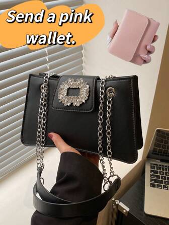 水钻装饰斜挎包，迷你链条单肩包，女士闪亮手提包和方形钱包，免费粉色钱包