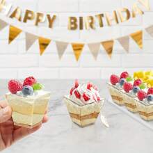 200/150/100/25/10 Pack Gold Glitter Square Dessert Cups, Mini Plastic Parfait Appetizer Cups With Spoons,Shooter Serving Cups For Wedding Party Events, Appetizers, Tasting Party, Snacks, Parfait (2 Oz)