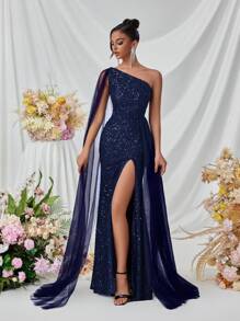 Elisanya Women's Long One Shoulder Flowy Slit Front Formal Dress, Suitable For Ball, Party, Banquet, Evening Gown Elegant Sequin - Navy Blue - View 1