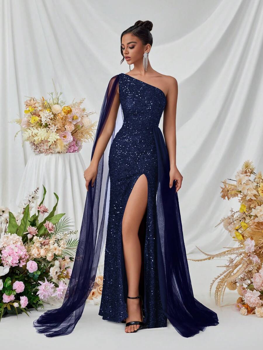 Elisanya Women's Long One Shoulder Flowy Slit Front Formal Dress, Suitable For Ball, Party, Banquet, Evening Gown Elegant Sequin - Navy Blue - View 1