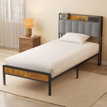 Platform Bed Frame With Headboard, Storage Space, Simple And Easy To Assemble, Furniture Decoration, Room Decoration, Two Sizes And Two Colors To Choose From, Suitable For Rooms, Bedrooms - 淺灰色 - 查看 2