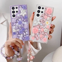 Étui scintillant et brillant pour Galaxy S25 Série/S24 Série/S23 Série/S22 Série, étui de luxe féminin et mignon avec fleurs en cristal 3D, strass et perles. Inclut une bandoulière poignet. Cadeau idéal pour les femmes, l'anniversaire, la mère, la famille, les amis, le petit ami, la petite amie