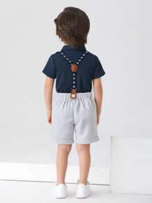 BOARNSEORL 2 件套年轻男孩绅士装，海军蓝衬衫和白色条纹吊带裤，配领结，适合节日、婚礼、派对、庆典 - 藍白色 - 查看 6