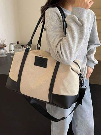 Bolsa de viaje con estilo de bloque de color y gran capacidad, se puede llevar a mano, al hombro o cruzada, adecuada para viajes de corta duración, vacaciones, gimnasio y otras ocasiones, de vuelta a la escuela, bolsa escolar, esenciales de viaje, organizador de viaje para playa y vacaciones de verano