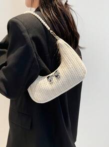 Pearl Chain Relaxed Bag, Fashion Straw Crescent Bag For Spring/Summer Vacation Beach, Metal Bowknot Casual Tote Bag, Underarm Beach Bag, Versatile Casual Shopping Bag For Women - Beige - View 4