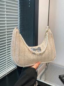 Pearl Chain Relaxed Bag, Fashion Straw Crescent Bag For Spring/Summer Vacation Beach, Metal Bowknot Casual Tote Bag, Underarm Beach Bag, Versatile Casual Shopping Bag For Women - Beige - View 5