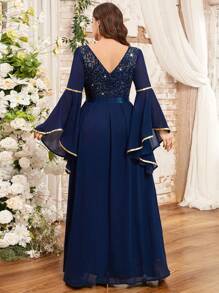 Plus Sequin Floral Lace Patchwork Embellished Flare Sleeve Contrast Chiffon Modest Evening Party Long Dress, Winter Dress, New Year Dress, Wedding Guest Dress, For Birthday, Prom, Homecoming, Festivals - Navy Blue - View 2
