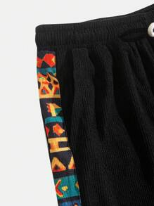 Summer Men's Textured Corduroy Patchwork Print Drawstring Shorts, Side Stripe Casual Loose Fit Breathable Fabric Streetwear Retro Shorts, Vertical Striped Textured Material - Black - View 5