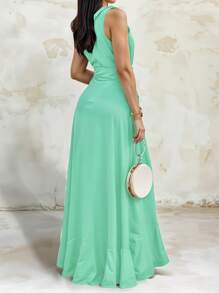 Women's Elegant Off Shoulder Deep V Neck Ruffle Leg Slit Maxi Dress - Mint Green - View 4