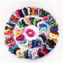 50/30 piezas Elegantes Scrunchies de satén brillante de estilo bohemio, grande/pequeño para moños de mujer, accesorios de cabello de imitación de seda de unicolor para outfits casuales, diademas elásticas adecuadas para coletas y peinados, decoración del hogar y el baño, decoración de otoño, de vuelta a la escuela