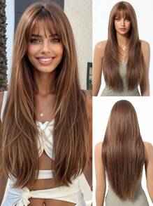This Comfortable, Natural And Breathable Mocha Brown Straight Hair 28-Inch Wig Is A Synthetic Wig For Women And Girls, Suitable For Role-Playing, Party And Wedding Wigs, As Well As Daily Wear. It Is Also A Halloween And Christmas Gift - 摩卡棕 - 查看 2