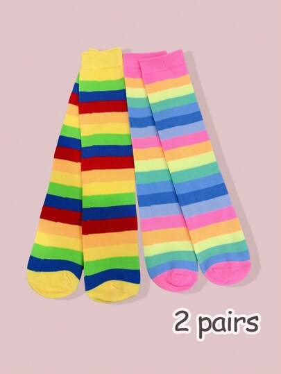 زوجان من جوارب فوق الركبة نمط للأطفال، طراز عصري مناسب للأعمار من 3 إلى 12 سنة