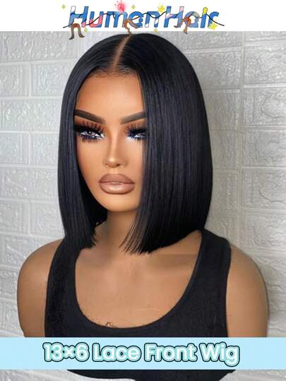 女士直蕾丝前部真人发短波波头假发 13x6 巴西骨 150% 直蕾丝前部波波头假发（8-16 英寸）