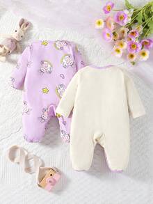 2件套新生儿可爱卡通兔子印花连体衣 - 淡紫色 - 查看 3