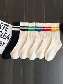 1/3/5/6 Pares de calcetines informales y versátiles de mujer con doble barra de colores
