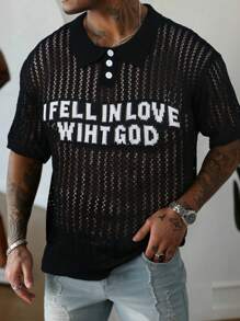 男女通用韩版简约休闲宽松字母图案马球领半襟短袖上衣，春夏 - 黑色 - 查看 2