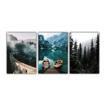 3pcs Lake Boat Misty Forest Lake Boat Nature Landscape Picture Poster, Nordic Canvas Print Painting, Living Room Decoration, No Frame Gifts Birthday Graduation