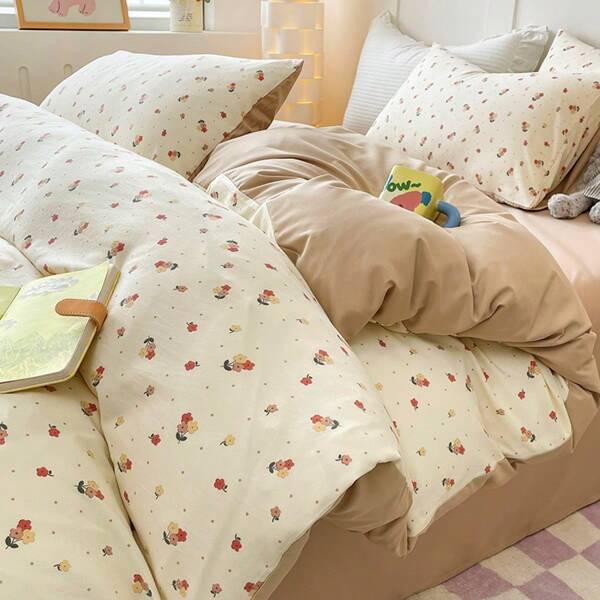 3pcs Floral Print Duvet Cover Set (1*Duvet Cover + 2*Pillowcases), Skin-Friendly Fabric, Soft Handle, 100% Polyester, Machine Washable, Suitable For All Seasons, Thanksgiving And Valentine's Day