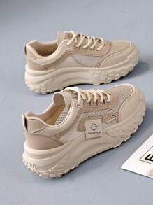 SCKMEU 1 双运动夏季网眼设计休闲鞋，舒适透气运动鞋，厚橡胶鞋底，可增高 - 卡其色 - 查看 5
