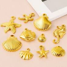 10pcs Luxury Ocean Theme Fashionable Versatile 304 Stainless Steel Gold & Silver Seahorse, Starfish, Shell Pendant DIY Jewelry Accessories