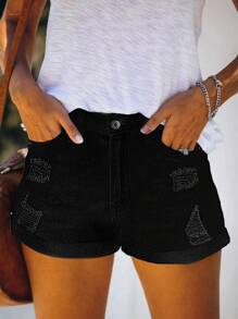 Vacation Casual Distressed Elastic Cuffed Denim Shorts - Black - View 1