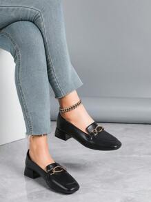 Women's Black Chunky Heel Casual Versatile Work Shoes, Fashion Square Toe Loafers For Spring, Autumn, Winter