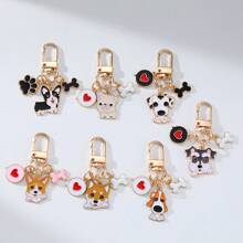 1 件心形、骨头和小狗装饰锌合金油滴“爱你狗”宠物钥匙扣，卡通可爱品种，如柯基犬、萨摩耶犬、法国斗牛犬、达尔马提亚犬、柴犬、比熊犬，是送给宠物爱好者的完美礼物，狗爸爸和妈妈配件汽车配件包饰