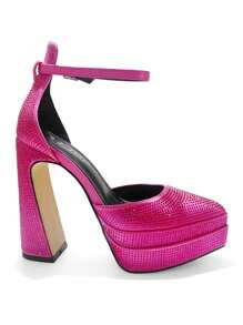 Fashionable Elegant Rhinestone Decorated Thick Sole High Heel Sandals - FUSHIA - View 3