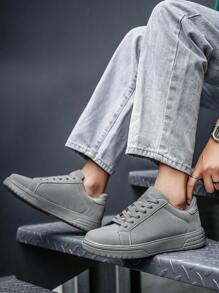 Men's Minimalist Style Solid Color Patchwork Lace-Up Sneakers, Comfortable Casual Slip-On Flat Outdoor Sports Shoes For Daily Commute