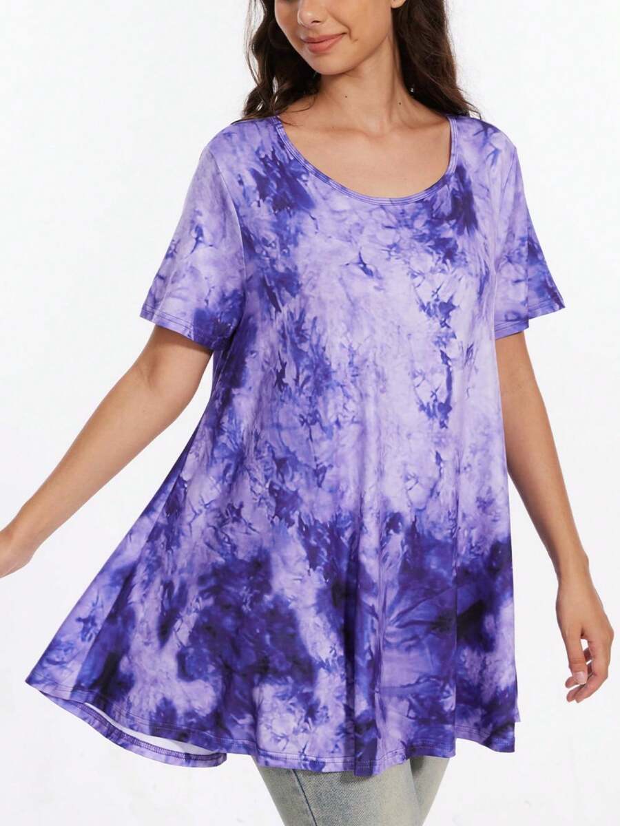 QUEENTI Plus Size Women's Short Sleeve Tops Round Neck Casual Summer Tunics For Yoga Gym Workout Comfortable Loose Fit Shirts