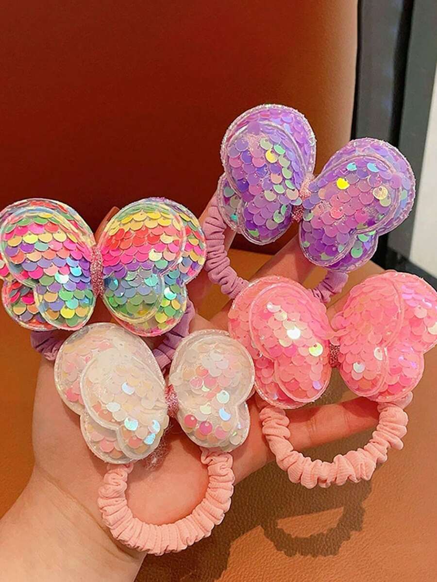 3 件随机颜色亮片蝴蝶结发圈，不伤发的女孩发带，婴儿渐变色弹性发饰 - 彩色 - 查看 1