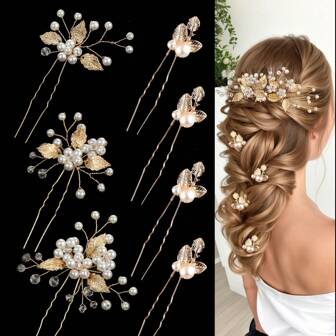 7pcs/Set Handmade White Pearl, Alloy Leaves & Flowers Decor Hairpin Set, Bridal Hair Accessories For Wedding Dress Elegant