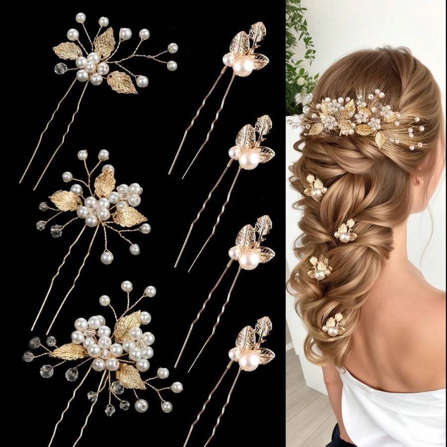 7pcs/Set Handmade White Pearl, Alloy Leaves & Flowers Decor Hairpin Set, Bridal Hair Accessories For Wedding Dress Elegant Valentine's Day Accessories