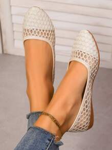 Women's Floral Lace Patterned Ballet Flats, Slip-On Pointed Toe, Mesh Breathable Soft Bottom, Elegant Low-Cut White Ladies Sandals - Beige (large Net) - View 5