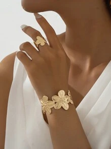 1 Set Floral Design Metal Bangle Bracelet & Ring, Bringing Spring Vibe, Suitable For Vacation & Travel - Yellow Gold - View 2